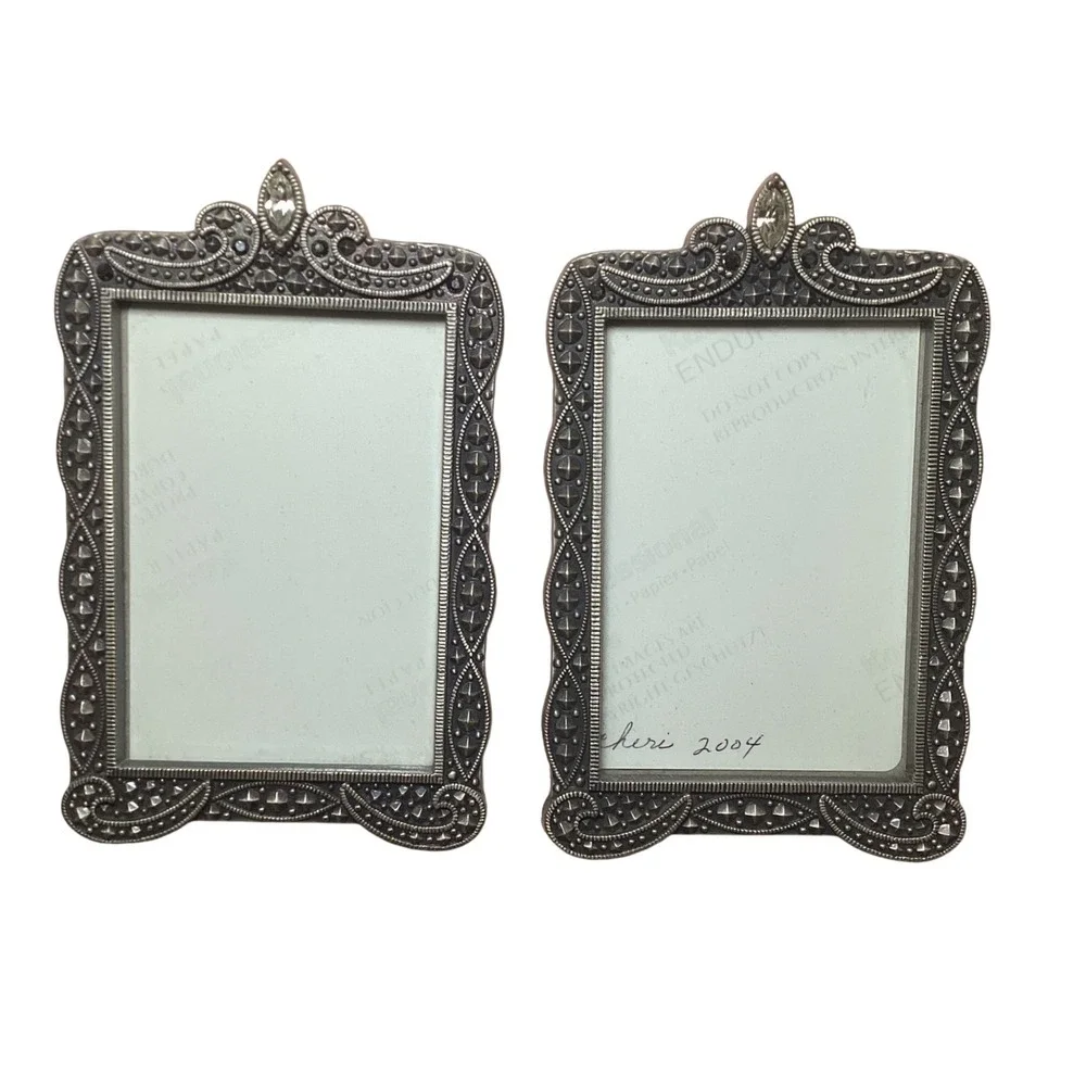 Vintage Style Marcasite Silver Tone Ornate Picture Frames Set 2 Rhinestone 2x3